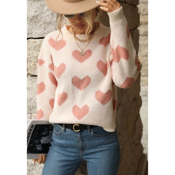 NWT-Heart Print Drop Shoulder Sweater - Picture 6 of 6